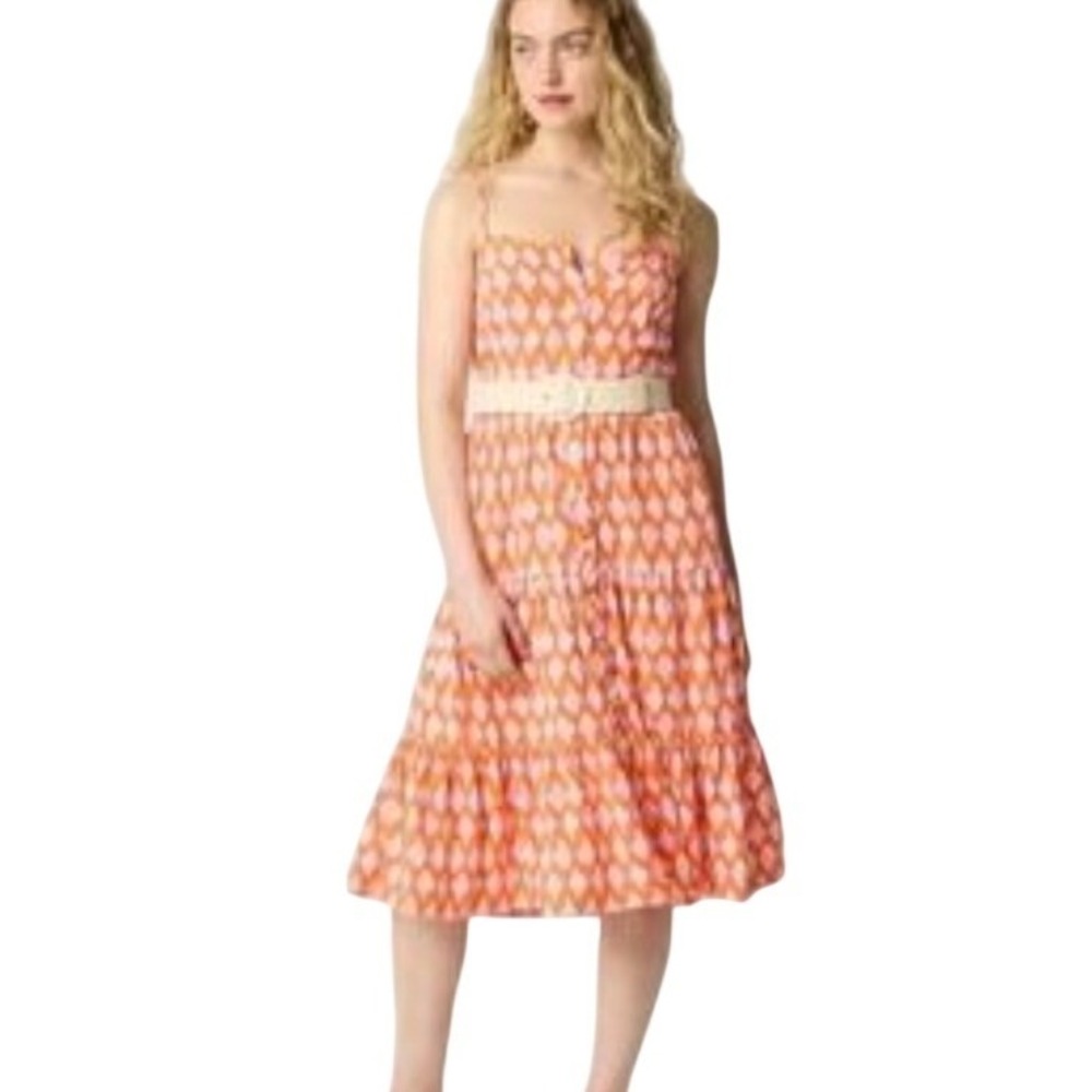 J.Crew Tiered Midi Dress Orange Pink Block Print Button Front Size 12 NEW $118